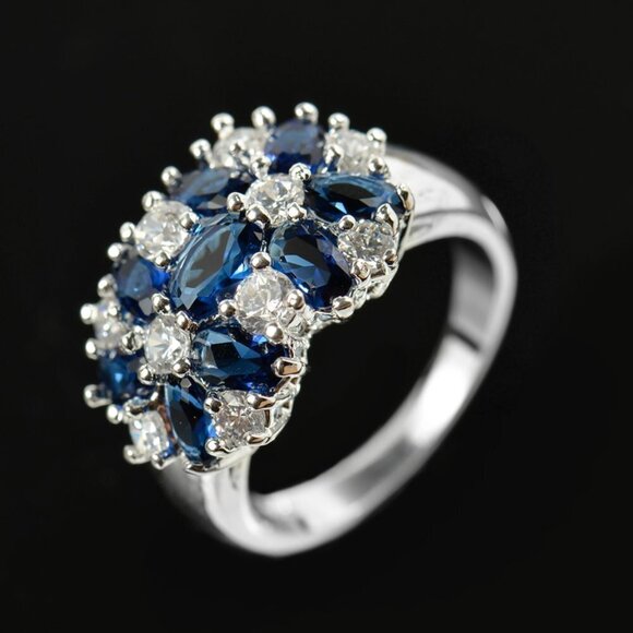 ✨Shiny 925 Silver Plated Blue Halo Diamond Wedding Ring, MLNN1323 - Picture 1 of 2